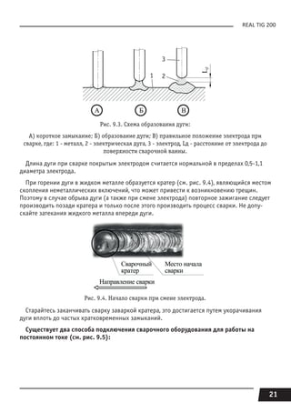21
REAL TIG 200
Рис. 9.3. Схема образования дуги:
А) короткое замыкание; Б) образование дуги; В) правильное положение электрода при
сварке, где: 1 - металл, 2 - электрическая дуга, 3 - электрод, Lд - расстояние от электрода до
поверхности сварочной ванны.
Длина дуги при сварке покрытым электродом считается нормальной в пределах 0,5-1,1
диаметра электрода.
При горении дуги в жидком металле образуется кратер (см. рис. 9.4), являющийся местом
скопления неметаллических включений, что может привести к возникновению трещин.
Поэтому в случае обрыва дуги (а также при смене электрода) повторное зажигание следует
производить позади кратера и только после этого производить процесс сварки. Не допу-
скайте затекания жидкого металла впереди дуги.
Рис. 9.4. Начало сварки при смене электрода.
Старайтесь заканчивать сварку заваркой кратера, это достигается путем укорачивания
дуги вплоть до частых кратковременных замыканий.
Существует два способа подключения сварочного оборудования для работы на
постоянном токе (см. рис. 9.5):
1 2
3
 