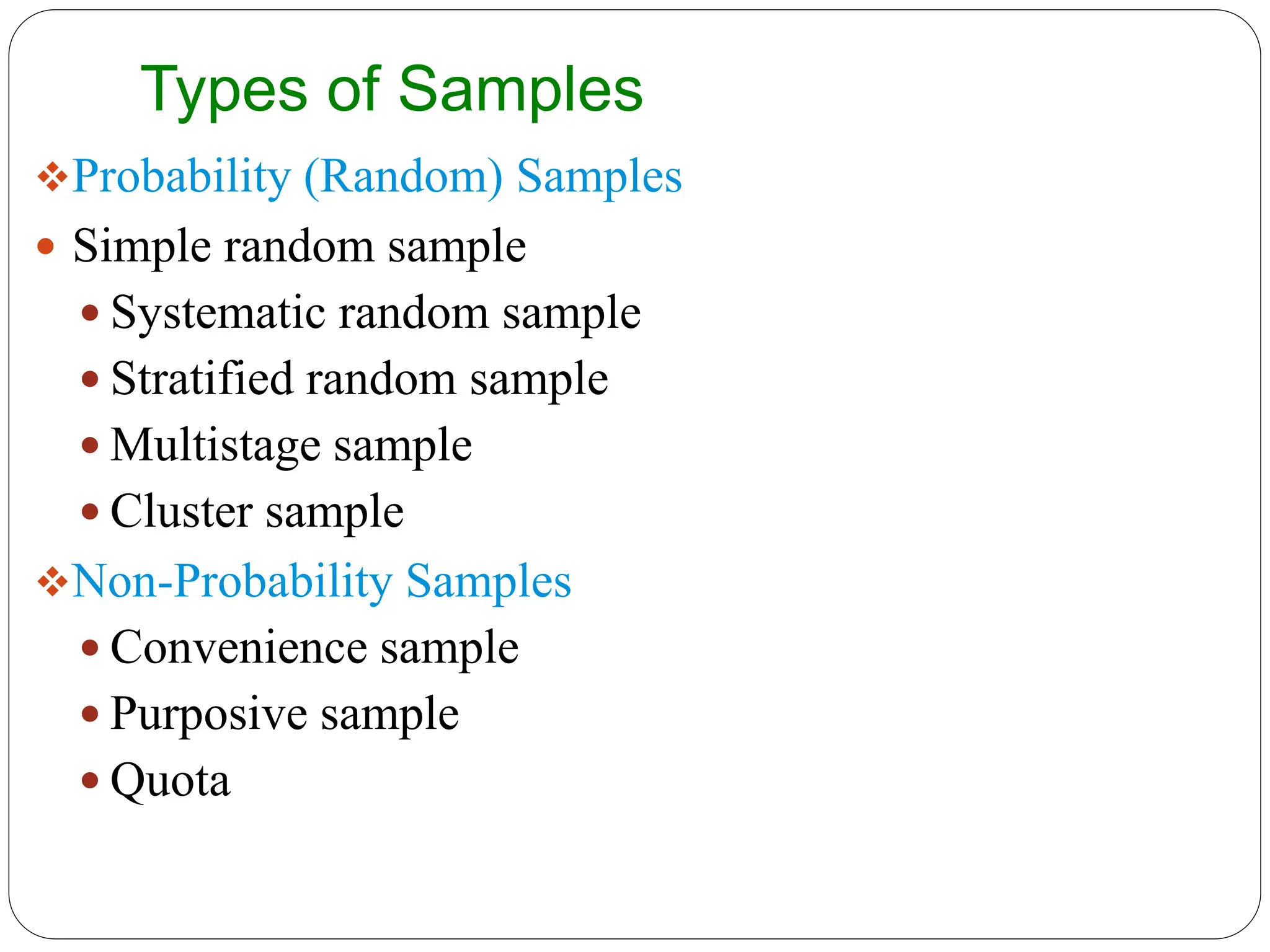 Types of Samples
Probability (Random) Samples
 Simple random sample
 Systematic random sample
 Stratified random sample
 Multistage sample
 Cluster sample
Non-Probability Samples
 Convenience sample
 Purposive sample
 Quota
 