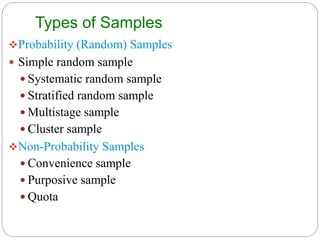 Types of Samples
Probability (Random) Samples
 Simple random sample
 Systematic random sample
 Stratified random sample
 Multistage sample
 Cluster sample
Non-Probability Samples
 Convenience sample
 Purposive sample
 Quota
 