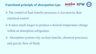 Functional principle of absorpation type
 The control of heat transfer processes is less precise than
electrical control
 It takes much longer to produce a desired temperature change
within an absorption refrigerator.
 Absorption systems rely on heat transfer, chemical processes,
and gravity flow of fluids
 