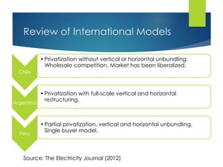 Review of International Models
Chile
•Privatization without vertical or horizontal unbundling.
Wholesale competition. Market has been liberalized.
Argentina
•Privatization with full-scale vertical and horizontal
restructuring.
Peru
•Partial privatization, vertical and horizontal unbundling.
Single buyer model.
Source: The Electricity Journal (2012)
 