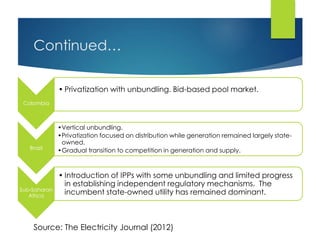Continued…
Colombia
• Privatization with unbundling. Bid-based pool market.
Brazil
•Vertical unbundling.
•Privatization focused on distribution while generation remained largely state-
owned.
•Gradual transition to competition in generation and supply.
Sub-Saharan
Africa
• Introduction of IPPs with some unbundling and limited progress
in establishing independent regulatory mechanisms. The
incumbent state-owned utility has remained dominant.
Source: The Electricity Journal (2012)
 