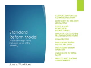 Standard
Reform Model
The reform steps have
included some of the
following
• CORPORATIZATION AND
COMMERCIALIZATION
• ENACTMENT OF REQUISITE
LEGISLATION
• VERTICAL AND
HORIZONTAL
RESTRUCTURING
• EFFICIENT ACCESS TO THE
TRANSMISSION NETWORK
• PRIVATIZATION
• INDEPENDENT POWER
PRODUCERS (IPPS)
• INDEPENDENT SYSTEM
OPERATOR
• UNBUNDLING OF RETAIL
TARIFF
• MARKETS AND TRADING
ARRANGEMENTS
Source: World Bank
 