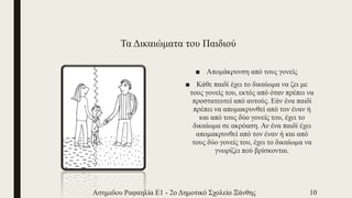 Τα Δικαιώματα του Παιδιού
■ Απομάκρυνση από τους γονείς
■ Κάθε παιδί έχει το δικαίωμα να ζει με
τους γονείς του, εκτός από όταν πρέπει να
προστατευτεί από αυτούς. Εάν ένα παιδί
πρέπει να απομακρυνθεί από τον έναν ή
και από τους δύο γονείς του, έχει το
δικαίωμα σε ακρόαση. Αν ένα παιδί έχει
απομακρυνθεί από τον έναν ή και από
τους δύο γονείς του, έχει το δικαίωμα να
γνωρίζει πού βρίσκονται.
Ασημιδου Ραφαηλία Ε1 - 2ο Δημοτικό Σχολείο Ξάνθης 10
 