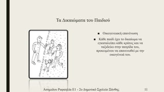 Τα Δικαιώματα του Παιδιού
■ Οικογενειακή επανένωση
■ Κάθε παιδί έχει το δικαίωμα να
εγκαταλείπει κάθε κράτος και να
ταξιδεύει στην πατρίδα του,
προκειμένου να επανενωθεί με την
οικογένειά του.
Ασημιδου Ραφαηλία Ε1 - 2ο Δημοτικό Σχολείο Ξάνθης 11
 
