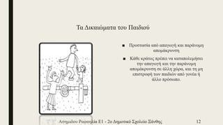 Τα Δικαιώματα του Παιδιού
■ Προστασία από απαγωγή και παράνομη
απομάκρυνση
■ Κάθε κράτος πρέπει να καταπολεμήσει
την απαγωγή και την παράνομη
απομάκρυνση σε άλλη χώρα, και τη μη
επιστροφή των παιδιών από γονέα ή
άλλο πρόσωπο.
Ασημιδου Ραφαηλία Ε1 - 2ο Δημοτικό Σχολείο Ξάνθης 12
 