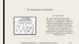 Τα Δικαιώματα του Παιδιού
■ Εκπαίδευση
■ Κάθε παιδί έχει δικαίωμα στην
εκπαίδευση. Το κράτος έχει καθήκον να
παρέχει την πρωτοβάθμια εκπαίδευση,
δωρεάν και υποχρεωτική, και ομοίως να
κάνει τη δευτεροβάθμια εκπαίδευση
προσιτή σε όλα τα παιδιά και τους νέους.
Το κράτος έχει την υποχρέωση να
διασφαλίσει ότι τα παιδιά και οι νέοι
αντιμετωπίζονται κατάλληλα στο σχολείο,
και ότι δεν παραβιάζονται τα ανθρώπινα
δικαιώματά τους.
Ασημιδου Ραφαηλία Ε1 - 2ο Δημοτικό Σχολείο Ξάνθης 29
 