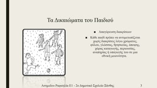 Τα Δικαιώματα του Παιδιού
■ Απαγόρευση διακρίσεων
■ Κάθε παιδί πρέπει να αντιμετωπίζεται
χωρίς διακρίσεις λόγω χρώματος,
φύλου, γλώσσας, θρησκείας, άποψης,
χώρας καταγωγής, περιουσίας,
αναπηρίας ή υπαγωγής του σε μια
εθνική μειονότητα.
Ασημιδου Ραφαηλία Ε1 - 2ο Δημοτικό Σχολείο Ξάνθης 3
 