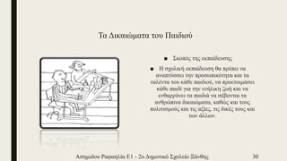 Τα Δικαιώματα του Παιδιού
■ Σκοπός της εκπαίδευσης
■ Η σχολική εκπαίδευση θα πρέπει να
αναπτύσσει την προσωπικότητα και τα
ταλέντα του κάθε παιδιού, να προετοιμάσει
κάθε παιδί για την ενήλικη ζωή και να
ενθαρρύνει τα παιδιά να σέβονται τα
ανθρώπινα δικαιώματα, καθώς και τους
πολιτισμούς και τις αξίες, τις δικές τους και
των άλλων.
Ασημιδου Ραφαηλία Ε1 - 2ο Δημοτικό Σχολείο Ξάνθης 30
 