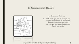 Τα Δικαιώματα του Παιδιού
■ Όνομα και ιθαγένεια
■ Κάθε παιδί έχει, από τη γέννησή του
και μετά, το δικαίωμα σε ένα όνομα,
στην ιδιότητα του μέλους ενός
κράτους, και στη φροντίδα από τους
δικούς του γονείς.
Ασημιδου Ραφαηλία Ε1 - 2ο Δημοτικό Σχολείο Ξάνθης 8
 