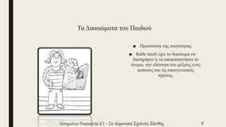 Τα Δικαιώματα του Παιδιού
■ Προστασία της ταυτότητας
■ Κάθε παιδί έχει το δικαίωμα να
διατηρήσει ή να αποκαταστήσει το
όνομα, την ιδιότητα του μέλους ενός
κράτους και τις οικογενειακές
σχέσεις.
Ασημιδου Ραφαηλία Ε1 - 2ο Δημοτικό Σχολείο Ξάνθης 9
 