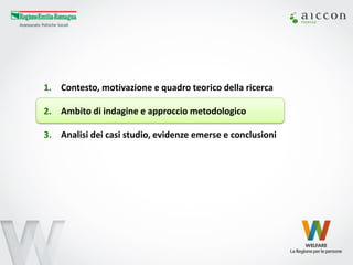 1.Contesto, motivazione e quadro teorico della ricerca 
2.Ambito di indagine e approccio metodologico 
3.Analisi dei casi studio, evidenze emerse e conclusioni  