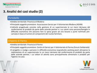 3. Analisi dei casi studio (2) 
18 
Portobello 
•Ambito territoriale: Provincia di Modena 
•Principale soggetto promotore: Associazione Servizi per il Volontariato Modena (ASVM) 
•L’attività progettuale consiste nella gestione di un supermercato le cui merci derivano dal conferimento di prodotti da parte delle aziende partner e i cui utenti sono persone/famiglie in difficoltà economica che possono fare la spesa grazie ad una tessera a punti nominale pre- caricata in base al numero di componenti del nucleo familiare. 
Emporio di Parma 
•Ambito territoriale: Provincia di Parma 
•Principale soggetto promotore: Centro di Servizi per il Volontariato di Parma (Forum Solidarietà) 
•Il progetto si rivolge a persone in difficoltà economica (soprattutto working poor) attraverso la realizzazione di un supermercato le cui merci derivano dal conferimento di prodotti da parte delle aziende partner, i cui settori di attività sono principalmente alimentare e prodotti per l’igiene e la casa.  