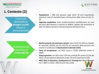 8 
1. Contesto (2) 
•Popolazione: + 400 mila persone negli ultimi 10 anni (soprattutto stranieri), tassi di mortalità bassi, diminuzione della classe di età 15- 39 
•Apparato produttivo: forte caratterizzazione manifatturiera ma calo del peso dell’industria in termini di addetti rispetto alle dinamiche in atto nel settore terziario («terziarizzazione dell’economia») 
•Rischio povertà ed esclusione sociale: bassi livelli (15,7%) sia rispetto al nazionale (29,9%) che EU (24,7%) ma aumento delle persone che vivono in condizione di deprivazione materiale (13%). 
•Tasso di occupazione: nel 2013 sceso a 70,6% (inferiore anche al 2004) 
•Disoccupazione: nel 2013 oltre 179 mila unità (8,5% contro il 5,3% del 2011). Disoccupazione giovanile (under 25 anni) superiore al 33% 
•NEET (Not in Education, Employment or Training) tra i 15 e i 29 anni: tra il 2007 e il 2013, +98,1% (112 mila unità) 
Crescente domanda di bisogni sociali 
(nuovi e personalizzati) 
Evoluzione del concetto di vulnerabilità  