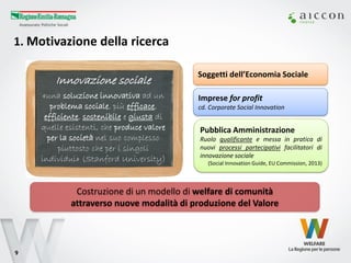9 
1. Motivazione della ricerca 
Innovazione sociale 
«una soluzione innovativa ad un problema sociale, più efficace, efficiente, sostenibile e giusta di quelle esistenti, che produce valore per la società nel suo complesso piuttosto che per i singoli individui» (Stanford University) 
Soggetti dell’Economia Sociale 
Imprese for profit 
cd. Corporate Social Innovation 
Pubblica Amministrazione Ruolo qualificante e messa in pratica di nuovi processi partecipativi facilitatori di innovazione sociale (Social Innovation Guide, EU Commission, 2013) 
Costruzione di un modello di welfare di comunità 
attraverso nuove modalità di produzione del Valore  