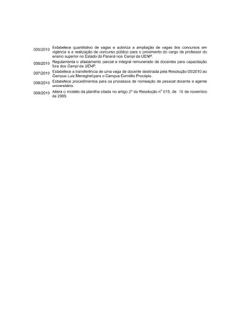 005/2010
Estabelece quantitativo de vagas e autoriza a ampliação de vagas dos concursos em
vigência e a realização de concurso público para o provimento do cargo de professor do
ensino superior no Estado do Paraná nos Campi da UENP.
006/2010 Regulamenta o afastamento parcial e integral remunerado de docentes para capacitação
fora dos Campi da UENP.
007/2010 Estabelece a transferência de uma vaga de docente destinada pela Resolução 05/2010 ao
Campus Luiz Meneghel para o Campus Cornélio Procópio.
008/2010 Estabelece procedimentos para os processos de nomeação de pessoal docente e agente
universitário.
009/2010 Altera o modelo da planilha citada no artigo 2º da Resolução n
o
015, de 10 de novembro
de 2009.
 