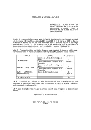 RESOLUÇÃO N
o
003/2009 – CAP/UENP
ESTABELECE QUANTITATIVO DE
VAGAS E AUTORIZA A REALIZAÇAO DE
CONCURSO PÚBLICO PARA O
PROVIMENTO DO CARGO DE AGENTE
UNIVERSITÁRIO.
O Reitor da Universidade Estadual do Norte do Paraná, Dom Fernando José Penteado, nomeado
pelo decreto no. 7.310, de 06 de outubro de 2006 e no. 2335, de 19 de março de 2008, do Governo
do Estado do Paraná, no uso de suas atribuições legais e exercício regular de seu cargo,
considerando o Ofício n
o
. 0173/09 – GS/SETI, de 11 de fevereiro de 2009, e a aprovação do
Conselho de Administração Provisório – CAP, HOMOLOGA a seguinte RESOLUÇAO:
Artigo 1° - Fica estabelecido o quantitativo de vag as para realização de concurso público para o
provimento do cargo de Agente Universitário nos Campi da UENP, conforme abaixo descrito:
CAMPUS CENTRO N. DE VAGAS
JACAREZINHO
Centro de Letras, Comunicação e
Artes 01
Classe ICentro de Ciências Humanas e da
Educação
CORNÉLIO PROCÓPIO
Centro de Letras, Comunicação e
Artes 01
Classe IICentro de Ciências Humanas e da
Educação
LUIZ MENEGHEL -
BANDEIRANTES
Centro de Ciências Biológicas 01
Classe III
TOTAL DE VAGAS 03
Art. 2º - Os diretores das Unidades da UENP mencionadas no artigo 1º desta Resolução ficam
autorizados a realizar concurso público para o provimento do cargo de Agente Universitário,
conforme descrito no artigo anterior.
Art. 3º. Esta Resolução entra em vigor a partir da presente data, revogadas as disposições em
contrário.
Jacarezinho, 17 de março de 2009.
DOM FERNANDO JOSÉ PENTEADO
REITOR
 