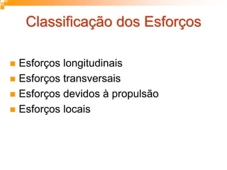 Classificação dos EsforçosClassificação dos Esforços
Esforços longitudinais
Esforços transversais
Esforços devidos à propulsão
Esforços locais
 