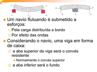 Um navio flutuando é submetido a
esforços:
Pela carga distribuída a bordo
Por efeito das ondas
Considerando o navio, uma viga em forma
de caixa:
a aba superior da viga será o convés
resistente
Normalmente o convés superior
a aba inferior será o fundo
 