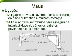 VausVaus
Ligação:
A ligação do vau à caverna é uma das partes
do navio submetida a maiores esforços
A ligação deve ser robusta para assegurar a
invariabilidade dos ângulos entre os
pavimentos e as amuradas
 