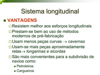 Sistema longitudinalSistema longitudinal
VANTAGENS
Resistem melhor aos esforços longitudinais
Prestam-se bem ao uso de métodos
modernos de pré-fabricação
Usam menos peças curvas → cavernas
Usam-se mais peças aproximadamente
retas→ longarinas e sicordas
São mais convenientes para a subdivisão de
navios como:
Petroleiros
Cargueiros
 