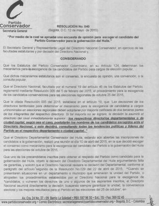 Resolución 040 Directorio Nacional Conservador, GobHuila