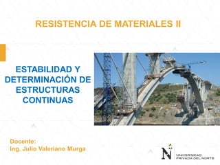 RESISTENCIA DE MATERIALES II
ESTABILIDAD Y
DETERMINACIÓN DE
ESTRUCTURAS
CONTINUAS
Docente:
Ing. Julio Valeriano Murga
 