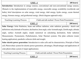B.M.S. COLLEGE OF ENGINEERING, BENGALURU-19
Autonomous Institute, Affiliated to VTU, Belagavi
DEPARTMENT OF ELECTRICAL & ELECTRONICS ENGINEERING
Academic Year (2022 - 2023)
SYLLABUS
FIRST SEMESTER B.E.
Course Title Renewable Energy Sources Course Code
22EE1ESRES /
22EE2ESRES
Credits 03
L – T – P
(Credits)
3-0-0
[[
Course Objectives:
The objectives of the course are to facilitate the learners to
 To understand energy scenario, energy sources and their utilization.
 To explore society’s present needs and future energy demands.
 To Study the principles of renewable energy conversion systems.
 To exposed to energy conservation methods.
UNIT - 1 [08 hours]
Introduction: Introduction to energy sources, conventional and non-conventional energy sources,
Obstacle to the implementation of renewable energy, renewable energy availability (worldwide and
India), brief descriptions on solar energy, wind energy, tidal energy, hydro energy, ocean thermal
energy, biomass energy, and geothermal energy. (block diagram approach only).
Teaching-Learning Process Chalk and talk method / Power Point Presentation
UNIT - 2 [08 hours]
Solar Energy: Solar Radiation, beam and diffuse radiation, solar radiation geometry– sketch and
definitions only (latitude of location, declination, hour angle, solar Azimuth angle, Zenith angle, altitude
angle, surface Azimuth angle), simple numerical on calculating declination, Solar radiation
Measurements- Pyranometer, Pyrheliometers, Solar Thermal systems: Flat plate collector (water
heating application), parabolic collector (dish and trough)
Solar electric power generation: Introduction to solar cells and its characteristics, Principle of Solar
cell, Photovoltaic system for electric power generation, advantages, Disadvantages and applications of
solar photovoltaic system (3 major applications).
Teaching-Learning Process Chalk and talk method / Power Point Presentation
UNIT - 3 [08 hours]
 