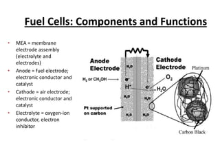 Fuel Cells: Components and Functions
• MEA = membrane
electrode assembly
(electrolyte and
electrodes)
• Anode = fuel electrode;
electronic conductor and
catalyst
• Cathode = air electrode;
electronic conductor and
catalyst
• Electrolyte = oxygen-ion
conductor, electron
inhibitor
 