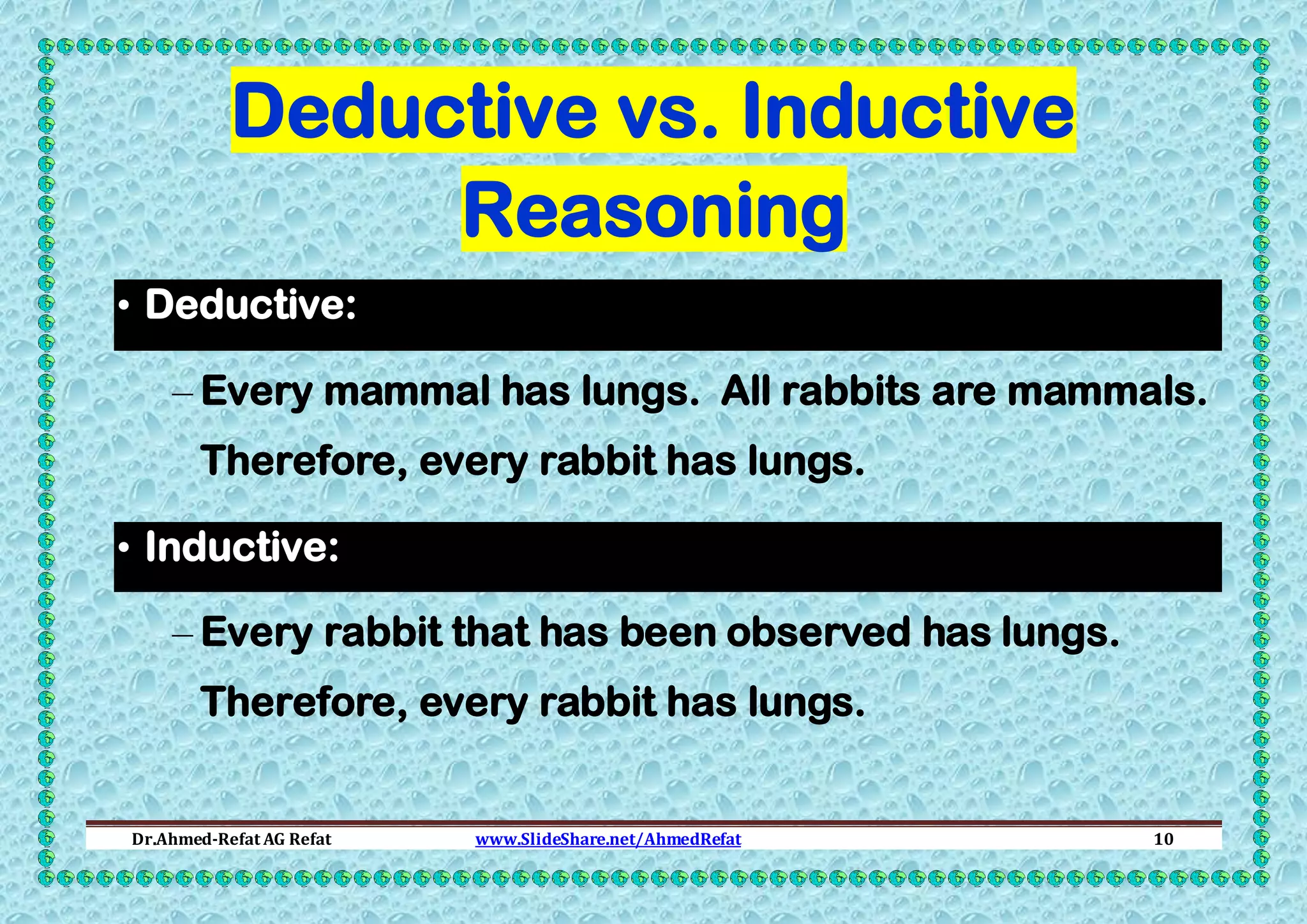 Deductive vs. Inductive
Reasoning
• Deductive:
– Every mammal has lungs. All rabbits are mammals.
Therefore, every rabbit has lungs.
• Inductive:
– Every rabbit that has been observed has lungs.
Therefore, every rabbit has lungs.

Dr.Ahmed-Refat AG Refat

www.SlideShare.net/AhmedRefat

10

 
