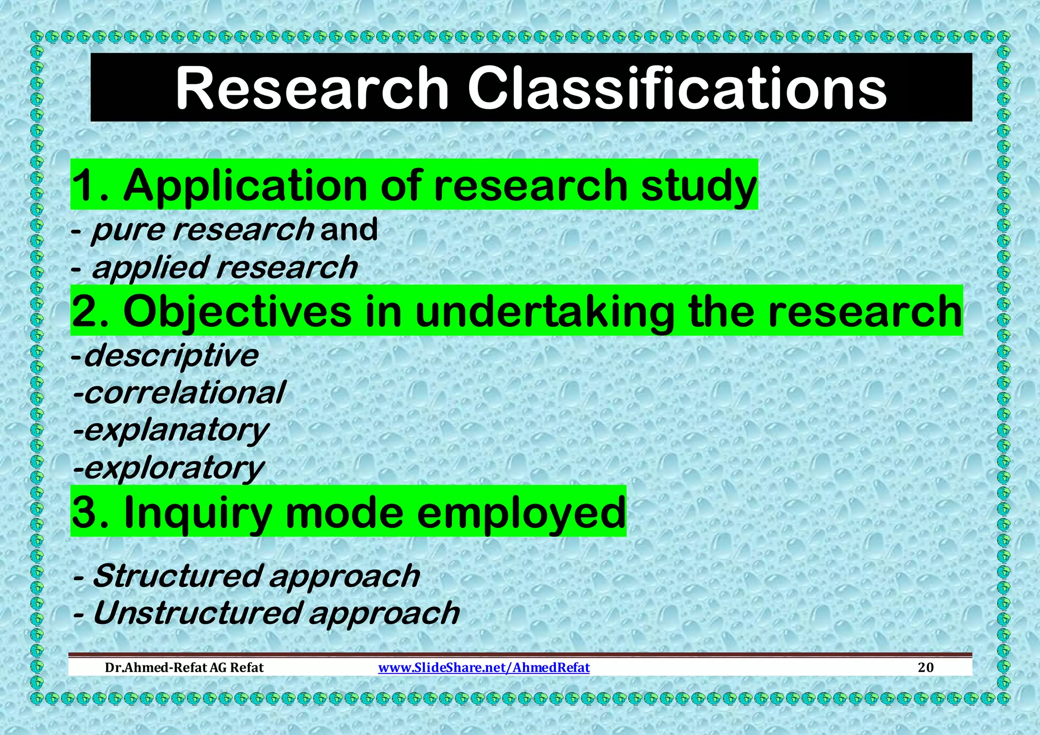Research Classifications
1. Application of research study
- pure research and
- applied research

2. Objectives in undertaking the research
-descriptive

-correlational
-explanatory
-exploratory

3. Inquiry mode employed
- Structured approach
- Unstructured approach
Dr.Ahmed-Refat AG Refat

www.SlideShare.net/AhmedRefat

20

 