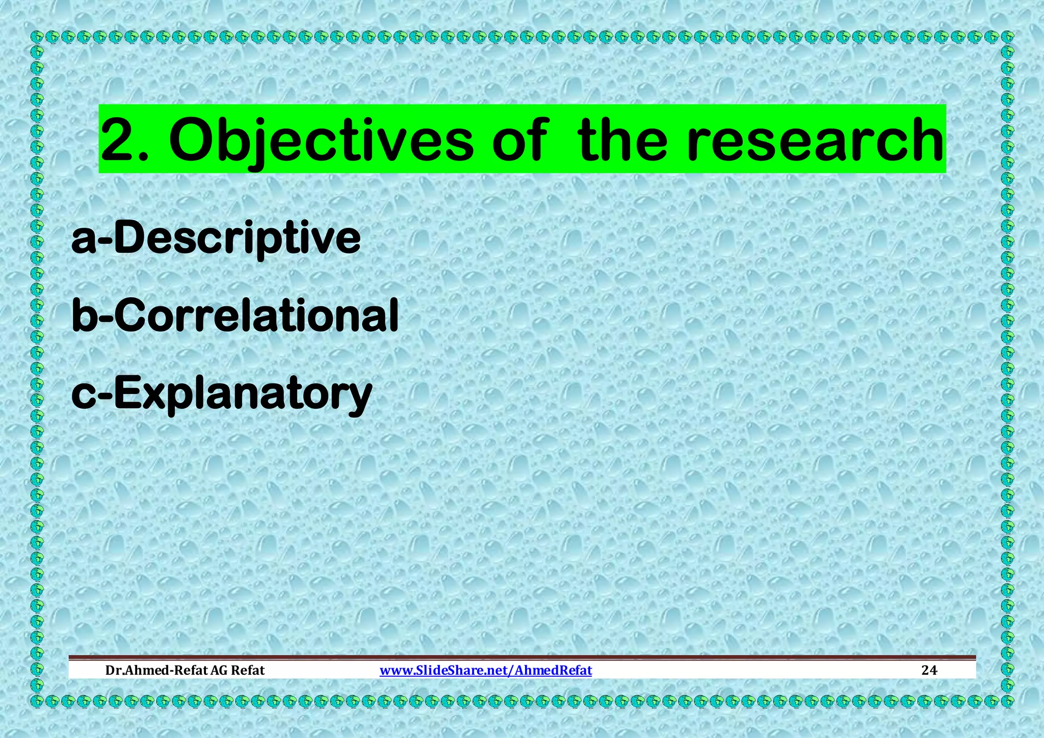 2. Objectives of the research
a-Descriptive
b-Correlational
c-Explanatory

Dr.Ahmed-Refat AG Refat

www.SlideShare.net/AhmedRefat

24

 