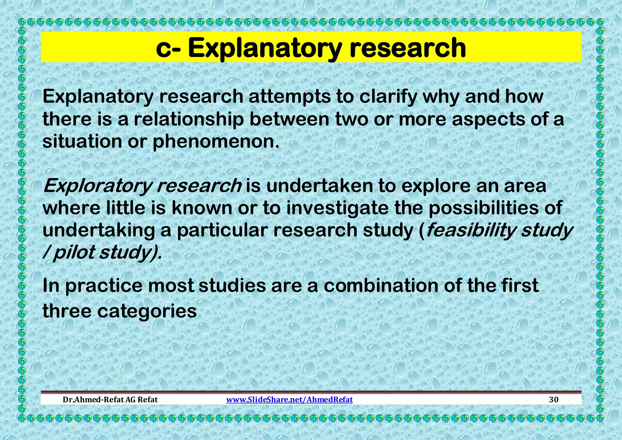 c- Explanatory research
Explanatory research attempts to clarify why and how
there is a relationship between two or more aspects of a
situation or phenomenon.

Exploratory research is undertaken to explore an area

where little is known or to investigate the possibilities of
undertaking a particular research study (feasibility study

/ pilot study).

In practice most studies are a combination of the first
three categories

Dr.Ahmed-Refat AG Refat

www.SlideShare.net/AhmedRefat

30

 