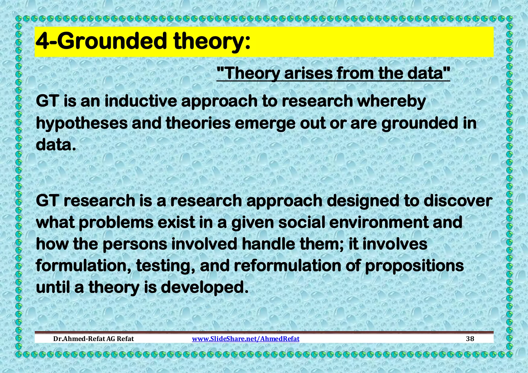 4-Grounded theory:
"Theory arises from the data"
GT is an inductive approach to research whereby
hypotheses and theories emerge out or are grounded in
data.
GT research is a research approach designed to discover
what problems exist in a given social environment and
how the persons involved handle them; it involves
formulation, testing, and reformulation of propositions
until a theory is developed.
Dr.Ahmed-Refat AG Refat

www.SlideShare.net/AhmedRefat

38

 