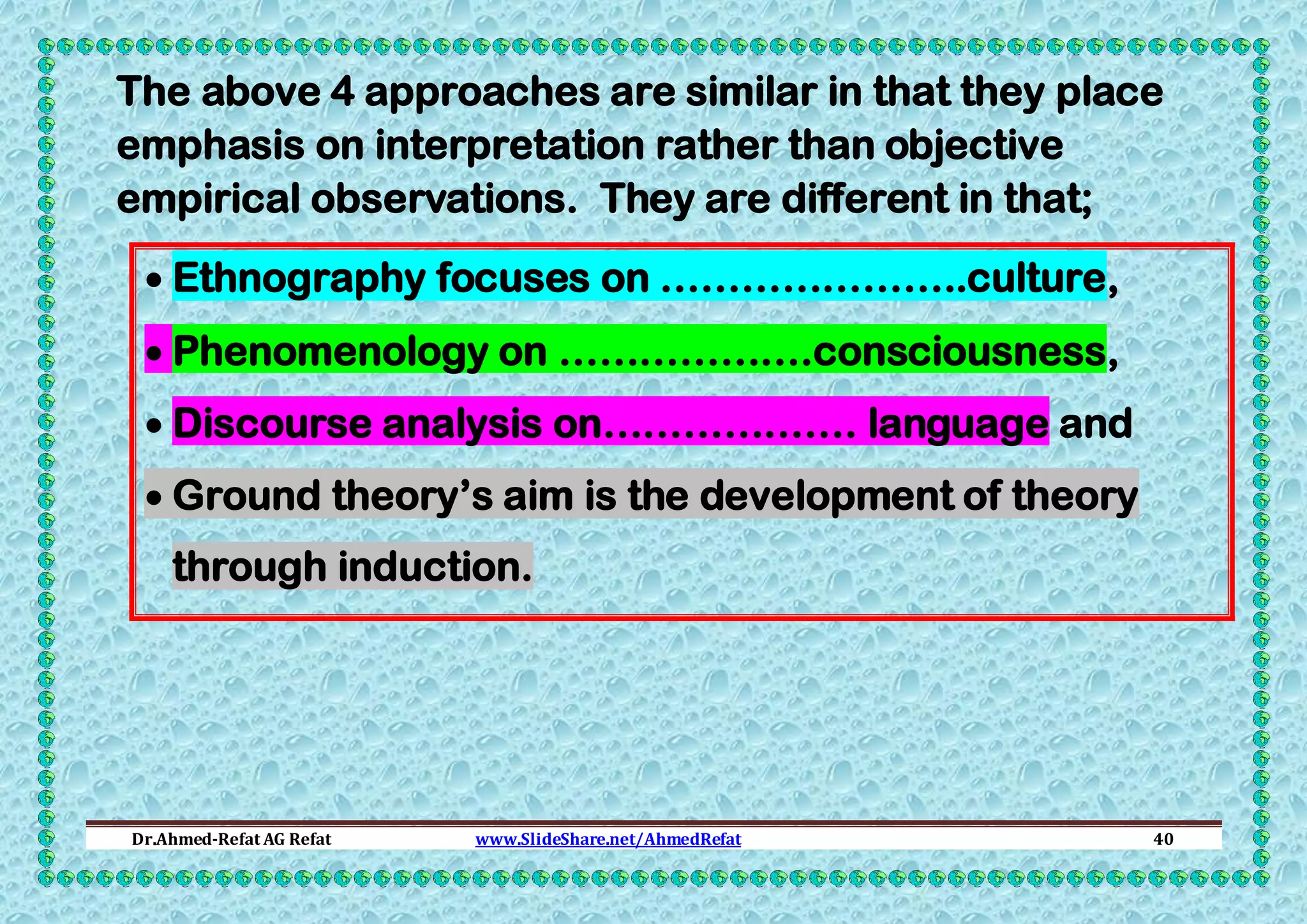The above 4 approaches are similar in that they place
emphasis on interpretation rather than objective
empirical observations. They are different in that;
 Ethnography focuses on …………………..culture,
 Phenomenology on ……………….consciousness,
 Discourse analysis on………………. language and
 Ground theory’s aim is the development of theory
through induction.

Dr.Ahmed-Refat AG Refat

www.SlideShare.net/AhmedRefat

40

 