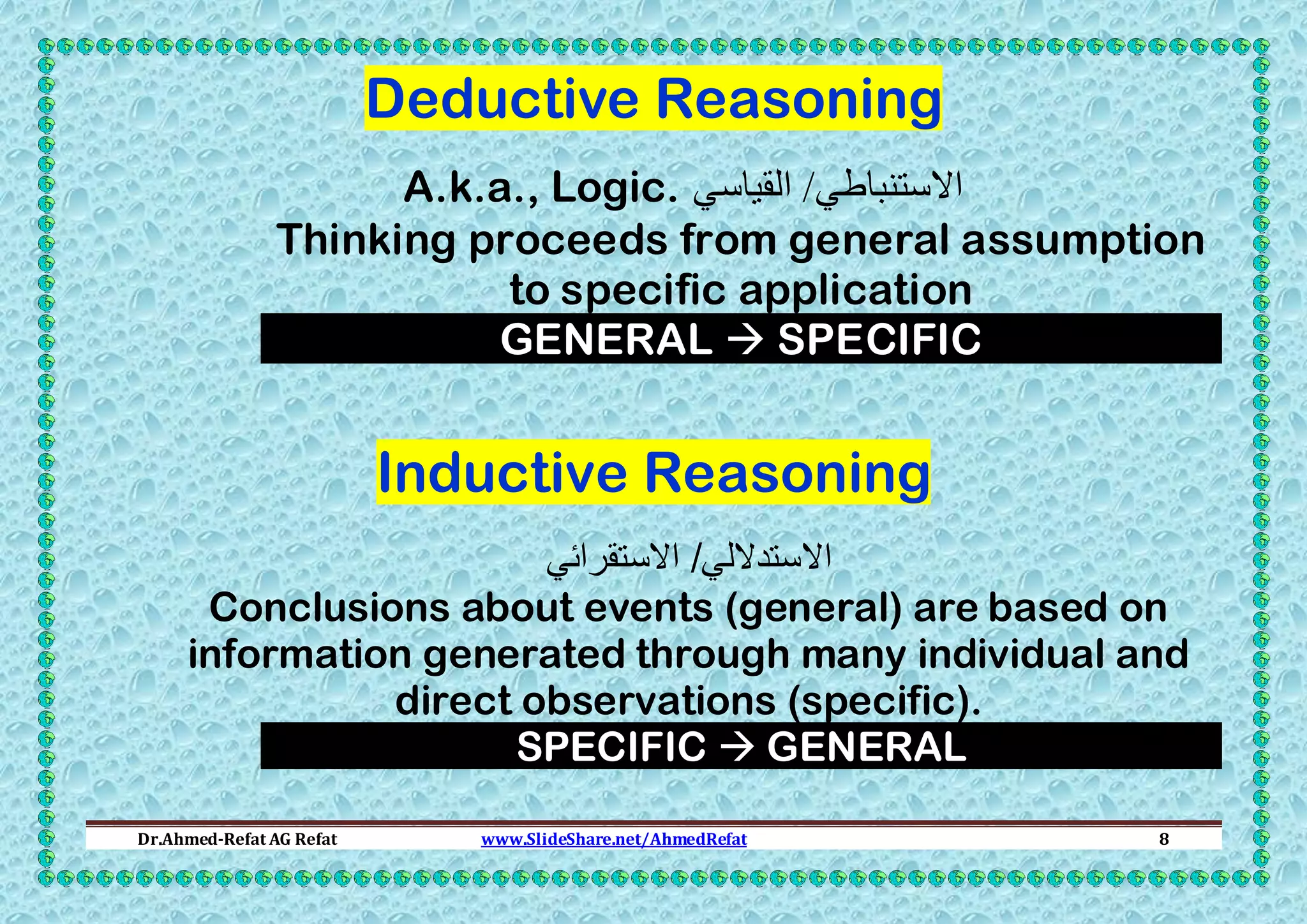 Deductive Reasoning
A.k.a., Logic. ‫االستنباطي/ القياسي‬
Thinking proceeds from general assumption
to specific application
GENERAL  SPECIFIC

Inductive Reasoning
‫االستداللي/ االستقرائي‬
Conclusions about events (general) are based on
information generated through many individual and
direct observations (specific).
SPECIFIC  GENERAL
Dr.Ahmed-Refat AG Refat

www.SlideShare.net/AhmedRefat

8

 