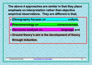 The above 4 approaches are similar in that they place
emphasis on interpretation rather than objective
empirical observations. They are different in that;
 Ethnography focuses on …………………..culture,
 Phenomenology on ……………….consciousness,
 Discourse analysis on………………. language and
 Ground theory’s aim is the development of theory
through induction.

Dr.Ahmed-Refat AG Refat

www.SlideShare.net/AhmedRefat

40

 