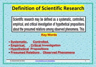 Definition of Scientific Research

Key Words
 Systematic,
Controlled,
 Empirical, , Critical Investigation
 Hypothetical Propositions
 Presumed Relations , Observed Phenomena
Dr.Ahmed-Refat AG Refat

www.SlideShare.net/AhmedRefat

6

 