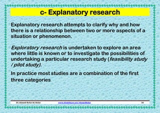 c- Explanatory research
Explanatory research attempts to clarify why and how
there is a relationship between two or more a...