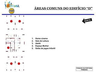 ÁREAS COMUNS DO EDIFÍCIO “D” Home cinema Sala de Leitura Ateliê Espaço Mulher Salão de jogos Infantil 2 3 1 4 5 POSIÇÃO DA PORTÁRIA PRIMÁRIA NORTE 