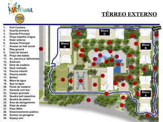TÉRREO EXTERNO Port Cochere Guarita primária Guarita Principal Praça espelho d’água Estar externo Acesso Principal Acesso ao hall social Play ground Casa do tarzam Praça das babás Ac. piscina p/ deficientes Solarium Deck de madeira Deck molhado Piscina infantil Piscina adulto Biribol Mesa da água Spa na água Ponte de madeira Varanda com bar Campo gramado Quadra poli esportiva Quadra de peteca Área de alongamento Pista de skate Pista 465m Estacionamento público  Acesso as garagens Espaço zen 11 12 13 15 16 17 18 19 20 21 22 23 24 26 27 6 7 8 9 10 1 2 3 4 5 4 7 7 7 14 5 5 28 29 30 25 5 Bloco A Bloco B Bloco C Bloco D NORTE 