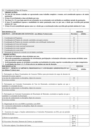 16 - Coordenação de Base de Pesquisa 7
OBSERVAÇÕES:
 No caso de um mesmo trabalho ser apresentado como trabalho completo e resumo, será considerado apenas o de maior
pontuação.
 O item 14 será limitado a duas atividades por ano.
 Nos itens 11 e 13, caso haja mais de um orientador ou co-orientador será atribuída ao candidato metade da pontuação.
 O item 15 contabilizará apenas a modalidade de maior pontuação, uma vez por ano, e desde que exercida pelo período
mínimo de 1 ano.
 O item 16 será contabilizado apenas uma vez e desde que a coordenação tenha ocorrido pelo período mínimo de 1 ano.
DISCRIMINAÇÃO PONTOS
GRUPO IV – ATIVIDADES DE EXTENSÃO - nos últimos 5 (cinco) anos Previstos obtidos
1 – Coordenação de Programas 12
2 – Coordenação de Projetos de extensão concluídos com apoio externo 10
3 - Coordenação de Projetos de extensão concluídos com certificação institucional 4
4 – Coordenação de Curso de Extensão 5
5 – Coordenação de evento nacional/internacional 7
6 – Coordenação de evento regional 3
7 – Coordenação de evento local 2
8 – Orientação de bolsista de extensão em atividades concluídas 2
OBSERVAÇÕES:
 Cada item será limitado a duas atividades por ano.
 Não serão acumuladas as pontuações de coordenação, participação e orientação referentes a uma mesma atividade; nesse
caso, prevalecerá a maior pontuação.
 Serão pontuadas apenas as atividades executadas em instituições de ensino superior reconhecidas por órgãos competentes.
 As atividades dos itens 1, 2, 3 e 8 deverão ter no mínimo um ano de duração.
DISCRIMINAÇÃO PONTOS
GRUPO V – MÉRITO ACADÊMICO, PROFISSIONAL E ATIVIDADES ADMINISTRATIVAS -
nos últimos 5 (cinco) anos
Previstos obtidos
1. Participação em Banca Examinadora de Concurso Público para provimento de cargo de docente de
instituição de ensino superior
a) na área de conhecimento ou disciplina, objeto do concurso 10
b) em área correlata 5
2. Participação em Comissão Examinadora de Tese de Doutorado, excluindo-se àquelas em que o
candidato é o orientador da tese
a) na área de conhecimento ou disciplina, objeto do concurso 8
b) em área correlata 4
3. Participação em Comissão Examinadora de Dissertação de Mestrado, excluindo-se àquelas em que o
candidato é o orientador da dissertação
a) na área de conhecimento ou disciplina objeto do concurso 4
b) em área correlata 2
4 - Organização de livro com ISBN ou periódico com ISSN
4.1– na área de conhecimento ou disciplina, objeto do concurso 10
4.2 - em área correlata 5
5 – Exercícios de cargos e funções administrativas e Comissões Permanentes em IES, por um período
mínimo de um ano
a) Reitor ou equivalentes
30 + 5
p/ano
b) Vice-reitor, Pró-reitor, Diretores de Centros, ou equivalentes
25 + 3
p/ano
c) Pró-reitor adjunto, Vice-diretor de Centro,
10 + 1
p/ano
 