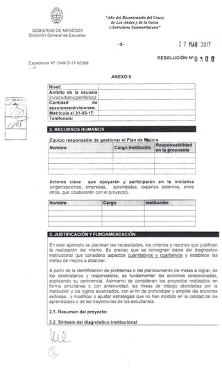 "Año del Bicentenario del Cruce
de Los Andes y de la Gesta
Libertadora Sanmartiniana"
GOBIERNO DE MENDOZA
Dirección General de Escuelas
-5- 2 7 MAR 2017
Expediente N° 1049-D-17-02369
///
RESOLUCIÓN N°0 3 o e
ANEXO II
Nivel:
Ámbito de la escuela
(rural/urbano/periférico):
Cantidad de
secciones/divisiones:
Matrícula al 31-03-17:
Teléfono/s:
2. RECURSOS HUMANOS
tquipo responsable ae gestionar el rían ae mejora
Nombre Cargo institución
Responsabilidad
en la propuesta
Actores clave que apoyarán y participarán en la iniciativa
(organizaciones, empresas, autoridades, expertos externos, entre
otros, que colaborarán con el proyecto).
Nombre Cargo Institución
3. JUSTIFICACIÓN Y FUNDAMENTACIÓN
En este apartado se plantean las necesidades, los criterios y razones que justifican
la realización del mismo. Es preciso que se consignen datos del diagnóstico
institucional que considera aspectos cuantitativos y cualitativos y establece las
metas de mejora a alcanzar.
A partir de la identificación de problemas o del planteamiento de metas a lograr, de
los destinatarios y responsables, se fundamentan las acciones seleccionadas,
explicando su pertinencia. Asimismo se consideran los proyectos realizados en
forma simultánea o con anterioridad, las líneas de trabajo abordadas por la
institución y los logros alcanzados, con el fin de profundizar y ampliar las acciones
exitosas, y modificar o ajustar estrategias que no han incidido en la calidad de los
aprendizajes o de las trayectorias de los estudiantes.
3.1. Resumen del proyecto:
3.2. Síntesis del diagnóstico institucional
 