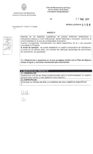"Año del Bicentenario del Cruce
de Los Andes y de la Gesta
Libertadora Sanmartiniana"
GOBIERNO DE MENDOZA
Dirección General de Escuelas
-6- 2 7 MAR. 20'17
Expediente N° 1049-D-17-02369
RESOLUCIÓN N° O 3 0 8
. ///
ANEXO II
Además de los aspectos cualitativos, es preciso presentar estadísticas e
indicadores básicos a nivel institucional, series históricas y evolución, conforme al
nivel/modalidad en el que se contextualice el proyecto.
Cuando corresponda, complemente con datos específicos de la o las escuelas
vinculadas al Proyecto.
A modo de ejemplo: se puede establecer un cuadro comparativo de indicadores,
a través de los últimos años, con número de matrícula, porcentaje de promovidos,
de repetidores, de egresados.
3.3. Situación/es o aspecto/s en el que se espera incidir con el Plan de Mejora;
metas a lograr y recursos necesarios para alcanzarlas
4. OBJETIVOS DEL PROYECTO
4.1. GENERAL/ES
(Seleccionar una de las líneas jurisdiccionales para el nivel/modalidad; un objetivo
general como mínimo y tres objetivos como máximo.)
4.2. ESPECÍFICOS
(Formular un mínimo de dos y un máximo de cinco objetivos específicos)
1.
(9/
 