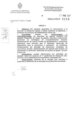 GOBIERNO DE MENDOZA
Dirección General de Escuelas
"Ario del Bicentenario del Cruce
de Los Andes y de la Gesta
Libertadora Sanmartiniana"
-8- 2 7 MAR 2017
RESOLUCIÓN N° 0 3 0 8
Expediente N° 1049-D-17-02369
..///
ANEXO II
• Objetivos: Por ejemplo: garantizar la concurrencia a la
escuela y la asistencia regular a clases; disminuir la repitencia...;
fortalecer los procesos de alfabetización inicial; etc.
• Actividades: Pueden ser institucionales o
interinstitucionales. Se describen de manera sintética, por
ejemplo: Desarrollo de mesas de gestión educativa institucional;
aplicación de estrategias de acompañamiento docente;
implementación de nuevos modos de agrupamiento o escenarios
educativos para alumnos que lo requieran; desarrollo de
dispositivos para la prevención y resolución de conflictos;
fortalecimiento del abordaje de situaciones complejas de
convivencia escolar; implementación de tutorías para grupos y/o
alumnos/as en particular; desarrollo de centros de apoyo -juvenil,
infantil, etc.
• Destinatarios: pueden diferenciarse por actividad, por
ejemplo: todos los alumnos de I° grado/sala de 4/segundo año;
alumnos con problemáticas de ausentismo, sobreedad, etc.
• Responsables: personal de la escuela que coordina o
supervisa el desarrollo de la actividad y/o profesional contratado.
riz
 