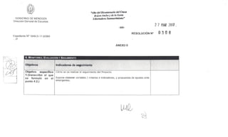 6. MONITOREO, EVALUACIÓN Y SEGUIMIENTO
Indicadores de seguimiento
Objetivo específico
1:(transcribir el que
se formuló en el
punto 4.2.)
Cómo se va realizar el seguimiento del Proyecto.
Supone elaborar variables / criterios e indicadores, y propuestas de ajustes ante
emergentes.
"Año del Bicentenario del Cruce
de Los Andes y de la Gesta
Libertadora Sanmartiniana"GOBIERNO DE MENDOZA
Dirección General de Escuelas
-09-
2 7 MAR 2011.
RESOLUCIÓN N° 0 3 0 8
Expediente N° 1049-D-17-02369
...///
ANEXO II
 