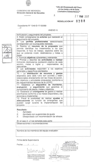 GOBIERNO DE MENDOZA
Dirección General de Escuelas
"Ano del Bicentenario del Cruce
de Los Andes y de la Gesta
Libertadora Sanmartiniana"
2
2 7 MAR 2017
RESOLUCIÓN N° 0 3 0 8
Expediente N° 1049-D-17-02369
...///
ANEXO IV
formulación y seguimiento del proyecto.
4- Están consignados los actores que realizarán el
seguimiento del proyecto.
5- Los perfiles profesionales seleccionados
corresponden con la propuesta realizada.
6- Realiza un resumen de la propuesta que
permite identificar los lineamientos a los que
responde, el foco de trabajo, aspectos sobre los
que se pretende incidir, destinatarios y metas a
lograr.
7- Formula objetivos coherentes y relevantes.
8- Prioriza y describe las actividades a realizar
indicando destinatarios (población-objetivo de cada
acción), metas a lograr y responsables de
ejecutarlas.
9- Las actividades responden a los objetivos
generales y específicos planteados.
10 – La distribución de recursos y gastos
asignados para cada rubro son acordes y están
relacionados directamente con las líneas de acción,
los objetivos y actividades propuestas (conforme a
los requerimientos técnicos de la UCPP).
11- Establece un dispositivo de monitoreo,
evaluación y seguimiento que garantiza el
cumplimiento de plazos, metas y objetivos.
12- Establece un cronograma de gastos a realizar
planificando conforme a los meses disponibles y las
acciones a implementar.
13- Prevé la posibilidad de realizar ajustes o
adecuaciones en función de emergentes que
puedan surgir durante la implementación del
proyecto.
Resultado:
1. Aprobado
2. Aprobado con sugerencias de ajuste
3. Desaprobado con recomendación de rehacer.
En el caso 2. y 3 se completa esta parte:
Observaciones o recomendaciones:
Nombre de los miembros del equipo evaluador:
Firma del/la Supervisor/a
Fecha: / /
JAIME CORREAS
D,1,ECT DR CE'. E RAL DE ESCUELAS
DIRECCiON GENERAL DE ESCUELAS
E7R1:0 DE MENDOZA
Mgter. MÓNICA CORONADO
SUISECRETARIA DE GESTIÓN EDUCATIVA
DiRECCióN GENERAL DE ESCUELAS
MENDOZA
Li E a Magdalena Cunietti
S • seeretaritylle Planeamiento v
; 1 Ellti:altiva
 