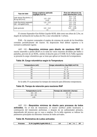 Tipo de lodo
Carga orgánica aplicada
(kgDQO/m3*d)
Área de influencia de
cada distribuidor (m2)
Lodo denso floculento (>
40 kg SST/m3)
1,0 - 2,0
>2,0
0,5 – 1,0
1,0 – 2,0
2,0 – 3, 0
Lodo floculento espesado
(20 - 40 kgSST/m3)
1,0 – 2,0
>3
1,0 – 2,0
2,0 – 5,0
Lodo granular 2,0 – 4,0
>4
0,5 – 1,0
0,5 – 2,00
>2,0
El sistema Separador-Gas-Sólido-Líquido-SGSL debe tener una altura de 2,5m, un
ángulo de inclinación de la placa de 45o y una velocidad de 1 m/hora.
PAR.—Se requiere contemplar el empleo de sistemas de secado de los biosólidos
extraídos periódicamente del reactor. Su disposición final deberá sujetarse a la
normativa ambiental vigente.
ART. 192.—Requisitos mínimos para diseño de reactores RAP. El
reactor anaerobio a pistón (RAP) es la suma de varios reactores divididos por bafles o
pantallas, provisto de un SGSL, similar al descrito para el UASB. En la Tabla siguiente
se presenta la carga volumétrica que se tiene que aplicar en función de la temperatura:
Tabla 34. Carga volumétrica según la Temperatura
Temperatura (oC) Carga volumétrica (kg DQO/m3*d)
15 2 - 4
20 4 - 6
25 6 - 12
30 10 - 18
35 15 - 24
40 20 - 32
En la tabla 35 se presentan los tiempos de retención para diferentes temperaturas.
Tabla 35. Tiempo de retención para reactores RAP
Temperatura (o C) Tiempo de retención (horas)
16 – 19 10 - 14
22 – 25 7 - 9
>25 4 - 5
ART. 193.—Requisitos mínimos de diseño para procesos de lodos
activados. En el tren de tratamiento, el reactor aeróbico podrá localizarse a
continuación del tratamiento preliminar, o después de un sedimentador primario,
dependiendo del proceso que se vaya a emplear. En la tabla siguiente se indican los
parámetros principales de diferentes sistemas de lodos activados.
Tabla 36. Parámetros de Lodos activados
Proceso F/M (kgDBO/kgMLVSS.d) LV td Ɵc XT
 