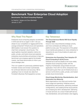 Benchmark Your Enterprise Cloud Adoption
Benchmarks: The Cloud Computing Playbook
by Sophia I. Vargas and Dave Bartoletti
January 3, 2017
For Infrastructure & Operations Professionals
forrester.com
Key Takeaways
The Cloud Services Market Will Grow Rapidly
Through 2020
Cloud is now a top enterprise strategic priority,
and more workloads are shifting to cloud
platforms every year. The expansion of the global
cloud market puts pressure on every enterprise to
reexamine its use of cloud relative to peers and
competitors.
Enterprises Are Expanding Their Adoption Of
Cloud Computing In All Its Forms
Software-as-a-service (SaaS) is the most widely
adopted cloud computing model, with the
majority of enterprises using at least one such
application. From 2014 to 2016, enterprises have
continued to grow their use of infrastructure-as-a-
service in all its forms: public, private, and hosted
private cloud environments.
Cloud Usage Monitoring, Standardization, And
Automation Are Maturing
Most organizations now track and monitor their
cloud usage and spending. Initiatives around
standardizing best practices, optimizing workload
configurations, and creating formal cloud policies
are increasing but still in development. Delivering
in-house services via a cloud model (self-service,
fully standardized, and automated) is also lagging.
Why Read This Report
Enterprise cloud computing adoption accelerated
in 2016 and will do so again in 2017. Are you
ahead of your competitors or lagging behind the
average enterprise? Infrastructure and operations
(I&O) leaders must answer this question to
chart their companies’ cloud futures. This
report gathers important adoption metrics for
public, private, and hybrid cloud and explores
enterprise cloud priorities and policies to help you
benchmark your progress against the broader
market. Use these benchmarks to inform your
cloud strategic plan.
This is an update of a previously published report;
Forrester reviews and revises it periodically
for continued relevance and accuracy. We’re
updating it now to include new data from
Forrester’s Business Technographics surveys.
 