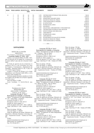 35
Viedma, 02 de Noviembre de 2017 BOLETIN OFICIAL N° 5612
Firmado Digitalmente por JOSE CALFUEQUE - Su validación se efectúa en http://rionegro.gov.ar/download/boletin/5612.pdf
ORGAN.. FINANCIAMIENTO CONCEPTO IMPORTEPROGR. SUBPROG. PROYECTO ACTIV-
OBRA
PARTIDA
61 11
11
11
11
11
11
12
12
12
12
12
12
12
12
12
12
12
00
00
00
00
00
00
00
00
00
00
00
00
00
00
00
00
00
00
00
00
00
00
00
00
00
00
00
00
00
00
00
00
00
00
08
08
08
08
08
08
01
01
01
01
01
01
01
01
01
01
01
124
126
131
153
159
345
111
113
114
115
116
117
121
126
152
153
159
11278
11278
11278
11278
11278
11274
11278
11278
11278
11278
11278
11278
11278
11278
11278
11278
11278
CONTRIBUCIONES PATRONALES PARA JUBILACION
COMPLEMENTOS
ASIGNACIONES FAMILIARES VARIAS
SEGUROS DE RIESGO DEL TRABAJO
OTRAS ASIGNACIONES AL PERSONAL
DE CAPACITACION
RETRIBUCION DEL CARGO
ADICIONALES
SUELDO ANUAL COMPLEMENTARIO Y OTROS BENEFICIOS
CONTRIBUCIONES PATRONALES PARA JUBILACION
APORTE PATRONAL PARA OBRA SOCIAL
COMPLEMENTOS
RETRIBUCION DEL CARGO
COMPLEMENTOS
RECONOCIMIENTO DE ALQUILER DE VIVIENDAS
SEGUROS DE RIESGO DEL TRABAJO
OTRAS ASIGNACIONES AL PERSONAL
1,000.00
19,000.00
2,000.00
6,500.00
35,000.00
-16,000.00
500,000.00
275,000.00
1,500.00
140,000.00
110,000.00
470,000.00
58,000.00
162,000.00
6,000.00
8,500.00
30,000.00
———oOo———
LICITACIONES
–––
BANCO DE LA NACIÓN
ARGENTINA
Área Compras y Contrataciones Inmuebles
Licitación Pública Nº INM - 4437
Llámese a la Licitación Pública Nº INM - 4437,
para la ejecución de los trabajos de “Construcción
de nuevo edificio” para sede de la Sucursal Catriel
(RN).
La fecha de apertura de las propuestas se
realizará el 29/11/17 a las 12:30 horas, en el Área
de Compras y Contrataciones - Departamento de
Inmuebles - Bartolomé Mitre Nº 326, 3º piso, Of.
311 (1036) Capital Federal.
Compra y Consulta de Pliegos en la citada
dependencia, en la Sucursal Catriel (RN), y en la
Gerencia Zonal Neuquén (N).
Asimismo pueden efectuarse consultas en el sitio
de la página web del Banco de la Nación Argentina
www.bna.com.ar.
Valor del Pliego: $ 4.000.
Costo Estimado: $ 24.818.956,54 más
IVA.
—oOo—
Presidencia de la Nación
MINISTERIO DE
EDUCACIÓN Y DEPORTES
Gobierno de Río Negro
Licitación Privada Nº 35/17
Postergación de Llamado a Licitación
Objeto: “S/Ampliación del Jardín Independiente
N° 118 - Anahí Mapu - Cipolletti”.
Licitación Privada N° 35/17
Presupuesto oficial $ 3.081.165,14
Garantía de oferta exigida % 1
Fecha de apertura 20/11/2017 Hora: 10:00 hs.
Lugar: Calle Roca N° 260 - Viedma (CP 8500)
RN.
Plazo de entrega: 180 días
Valor del Pliego: $ 1.000,00
Lugar de adquisición del pliego: Ministerio de
Educación y Derechos Humanos, Calle Roca N°
260 - Arquitectura Escolar - Viedma (CP 8500)
RN.
E-Mail
arquitectura@educacion.rionegro.gov.ar
Subsecretaría de Coordinación
Exp. 89.130/edu/2017.-
———
Licitación Privada Nº 36/17
Postergación de Llamado a Licitación
Objeto: “S/Ampliación de Jardín de Infantes N°
105 - Cipolletti - Plan de Obras”.
Licitación Privada N° 36/17
Presupuesto oficial $ 3.009.315,43
Garantía de oferta exigida % 1
Fecha de apertura 21/11/2017 Hora: 10:00 hs.
Lugar: Calle Roca N° 260 - Viedma (CP 8500)
RN.
Plazo de entrega: 150 días
Valor del Pliego: $ 1.000,00
Lugar de adquisición del pliego: Ministerio de
Educación y Derechos Humanos, Calle Roca N°
260 - Arquitectura Escolar - Viedma (CP 8500)
RN.
arquitectura@educacion.rionegro.gov.ar
Subsecretaría de Coordinación
Exp. 87.624/edu/2017.-
———
Licitación Privada Nº 37/17
Postergación de Llamado a Licitación
Objeto: “S/Ampliación de Jardín de Infantes N°
114 - Balsas Las Perlas - Plan de Obras”.
Licitación Privada N° 37/17
Presupuesto oficial $ 3.026.682,87
Garantía de oferta exigida % 1
Fecha de apertura 20/11/2017 Hora: 11:00 hs.
Lugar: Calle Roca Nº 260 - Viedma (CP 8500)
RN.
Plazo de entrega: 150 días
Valor del Pliego: $ 1.000,00
Lugar de adquisición del pliego: Ministerio de
Educación y Derechos Humanos, Calle Roca N°
260 - Arquitectura Escolar - Viedma (CP 8500)
RN.
arquitectura@educacion.rionegro.gov.ar
Subsecretaría de Coordinación
Exp. 87.625/edu/2017
———
Licitación Privada Nº 38/17
Postergación de Llamado a Licitación
Objeto: “S/Ampliación de Jardín Independiente
N° 2 - Cipolletti”.
Licitación Privada N° 38/17
Presupuesto oficial $ 2.401.041,60
Garantía de oferta exigida % 1
Fecha de apertura 20/11/2017 Hora: 12:00 hs.
Lugar: Calle Roca Nº 260 - Viedma (CP 8500)
RN.
Plazo de entrega: 150 días
Valor del Pliego: $ 1.000,00
Lugar de adquisición del pliego: Ministerio de
Educación y Derechos Humanos, Calle Roca N°
260 - Arquitectura Escolar - Viedma (CP 8500)
RN.
arquitectura@educacion.rionegro.gov.ar
Subsecretaría de Coordinación
Exp. 89.133/edu/2017
———
Licitación Privada Nº 39/17
Postergación de Llamado a Licitación
Objeto: “S/Ampliación Jardín Integrado Nº 99
Anexo Nº 2 - Colonia María Elvira - Cipolletti”.
Licitación Privada N° 39/17
Presupuesto oficial $ 2.015.955,48
Garantía de oferta exigida % 1
Fecha de apertura 21/11/2017 Hora: 12:00 hs.
Lugar: Calle Roca N° 260 - Viedma (CP 8500)
RN.
Plazo de entrega: 150 días
Valor del Pliego: $ 1.000,00
Lugar de adquisición del pliego: Ministerio de
Educación y Derechos Humanos, Calle Roca N°
260 - Arquitectura Escolar - Viedma (CP 8500)
RN.
arquitectura@educacion.rionegro.gov.ar
Subsecretaría de Coordinación
Exp. 89.134/edu/2017.-
———
Licitación Privada Nº 40/17
Postergación de Llamado a Licitación
Objeto: “S/Ampliación de Jardín Anexo Escuela
Primaria Nº 324 - Los Cohiues - San Carlos de
Bariloche”.
Licitación Privada N° 40/17
Presupuesto oficial $ 5.660.297,14
Garantía de oferta exigida % 1
Fecha de apertura 22/11/2017
Hora: 10:00 hs.
Lugar: Calle Roca N° 260 - Viedma (CP 8500)
RN.
Plazo de entrega: 240 días
Valor del Pliego: $ 1.000,00
Lugar de adquisición del pliego: Ministerio de
Educación y Derechos Humanos, Calle Roca N°
260 - Arquitectura Escolar - Viedma (CP 8500)
RN.
arquitectura@educacion.rionegro.gov.ar
Subsecretaría de Coordinación
Exp. 89.131/edu/2017.-
 